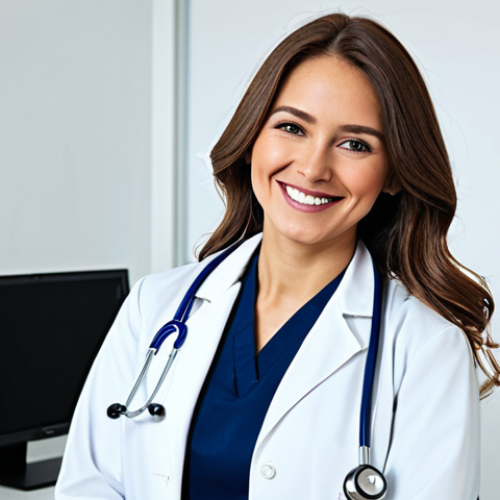 **

A professional female doctor in a modest white coat, stethoscope around her neck, smiling warmly in a bright and clean hospital office. Safe for work, appropriate content, fully clothed, professional, perfect anatomy, correct proportions, natural pose, well-formed hands, proper finger count, natural body proportions, high quality.

**