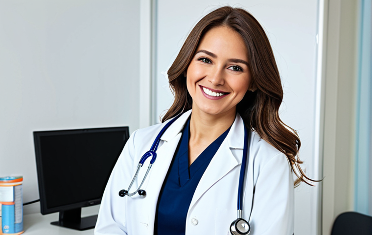 **
A professional female doctor in a modest white coat, stethoscope around her neck, smiling warmly in a bright and clean hospital office. Safe for work, appropriate content, fully clothed, professional, perfect anatomy, correct proportions, natural pose, well-formed hands, proper finger count, natural body proportions, high quality.
**